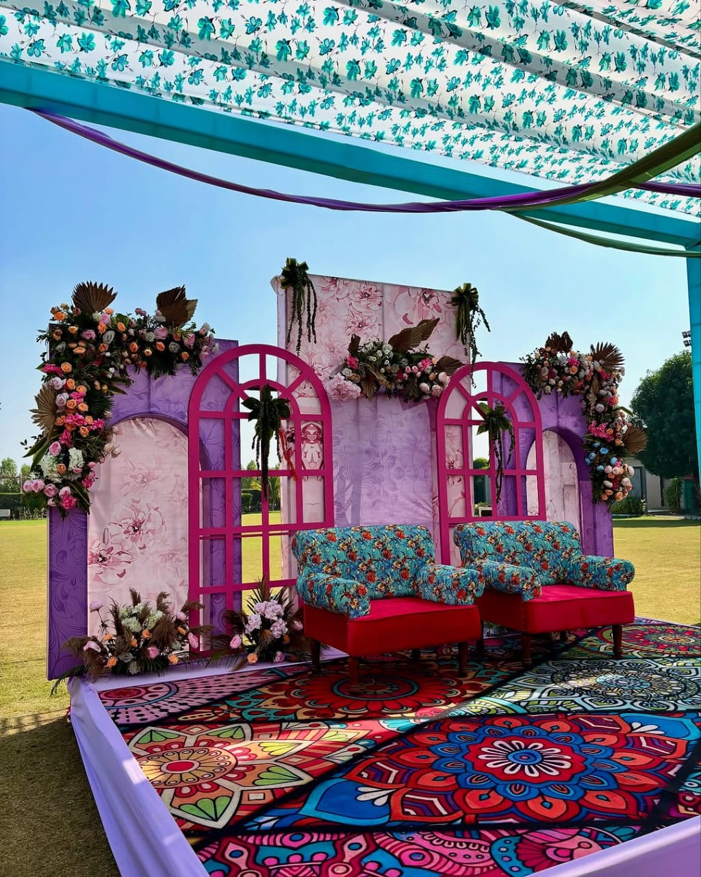 Vibrant Purple Outdoor Setup with Colorful Decor